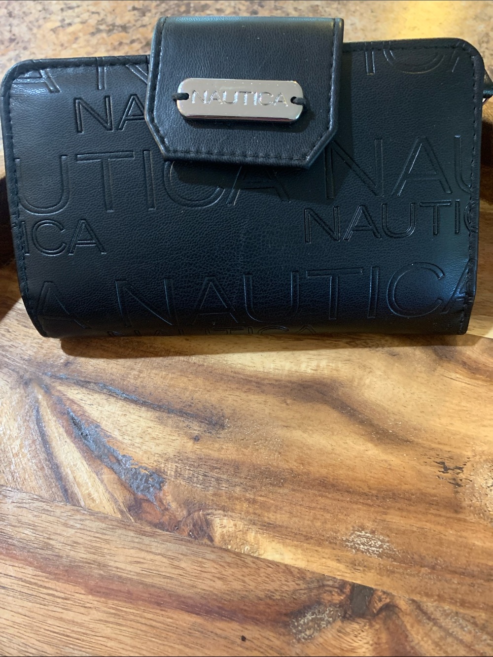 Nautica Embossed Logo Black Faux Leather Wallet with Metal Nameplate